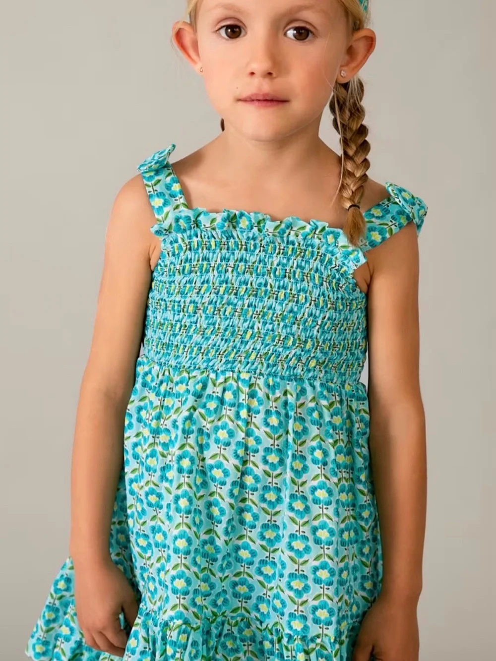 Mayoral girl printed dress with headband Girls Turquoise Floral Smocked Sundress